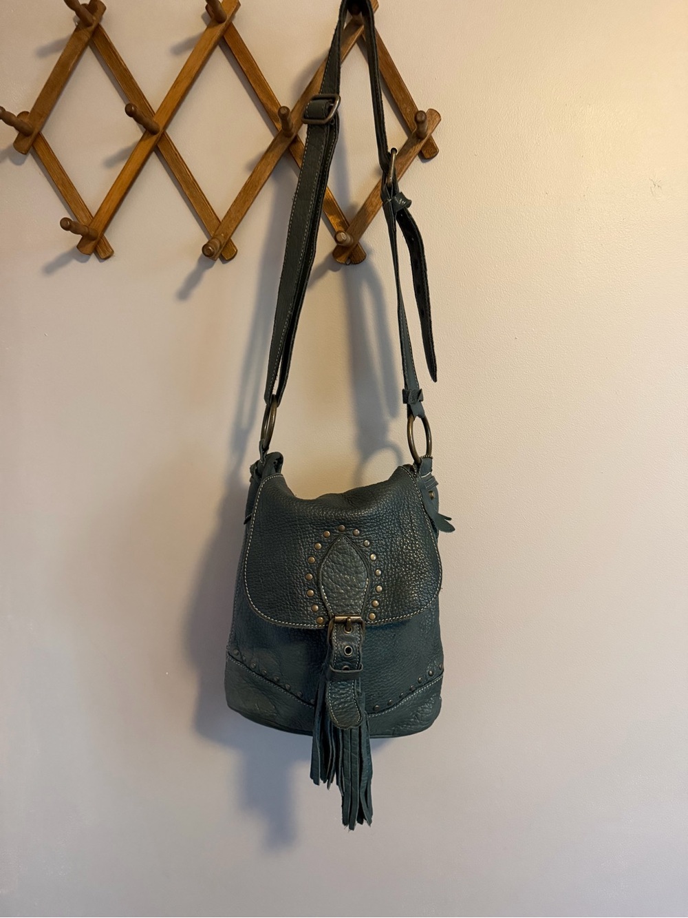 Roots Vintage Dark Slate Green Pebble Leather Studded Flap Tassel Bucket Bag OS